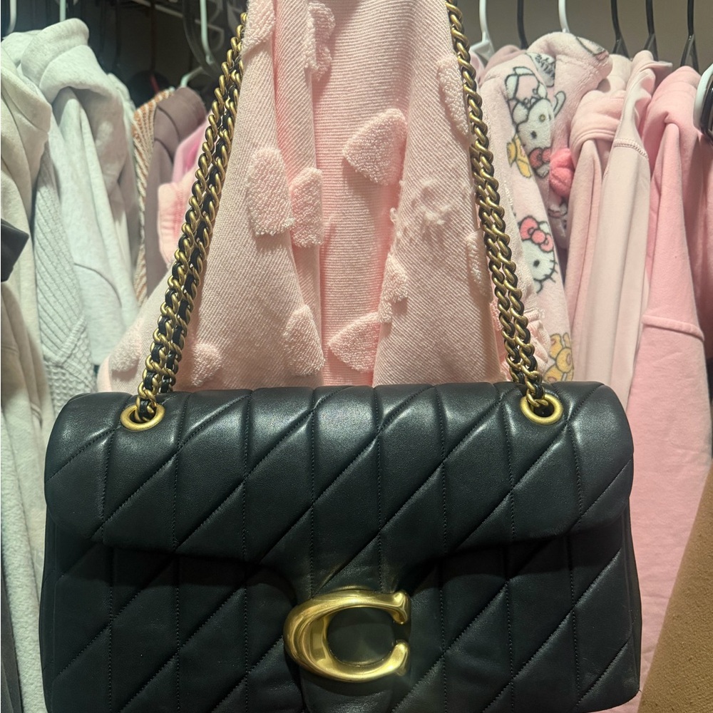 Black Quilted Leather Shoulder Bag with Gold Chain and 'C' Accent